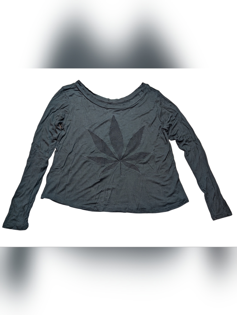 Women’s Black Long-Sleeve Mesh Leaf Cutout Top